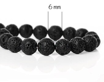 Set of 10 beads in natural, round, black, basalt 6 mm diameter, 0.5 mm hole