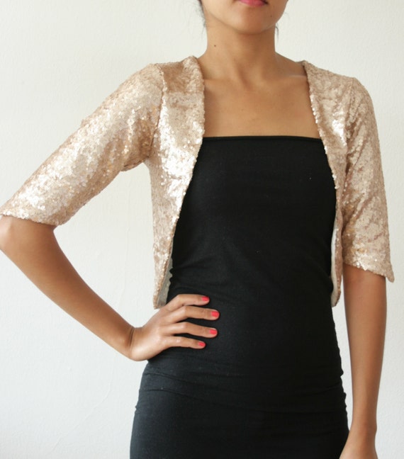 Gold Champagne Sequin Bolero Open Shrug Formal Wedding or