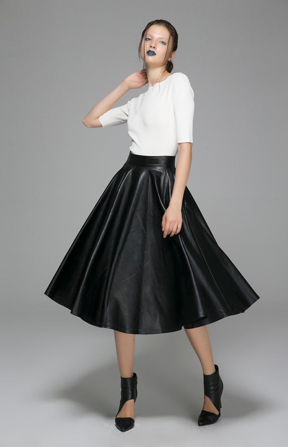 black midi skirt A line skirt PU skirt flared skirt fitted