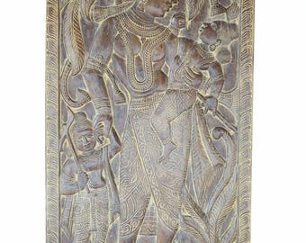 Vintage Handcarved  Mother Yasoda Talking to Krishna with Love Wall Sculpture ,Zen Panel, Barn Door, Yoga Studio Decor