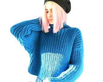 Handknit Sweater. Chunky crop sweater. Black Sweater. Turtleneck Sweater. Oversized pullover. Chunky knit Jumper