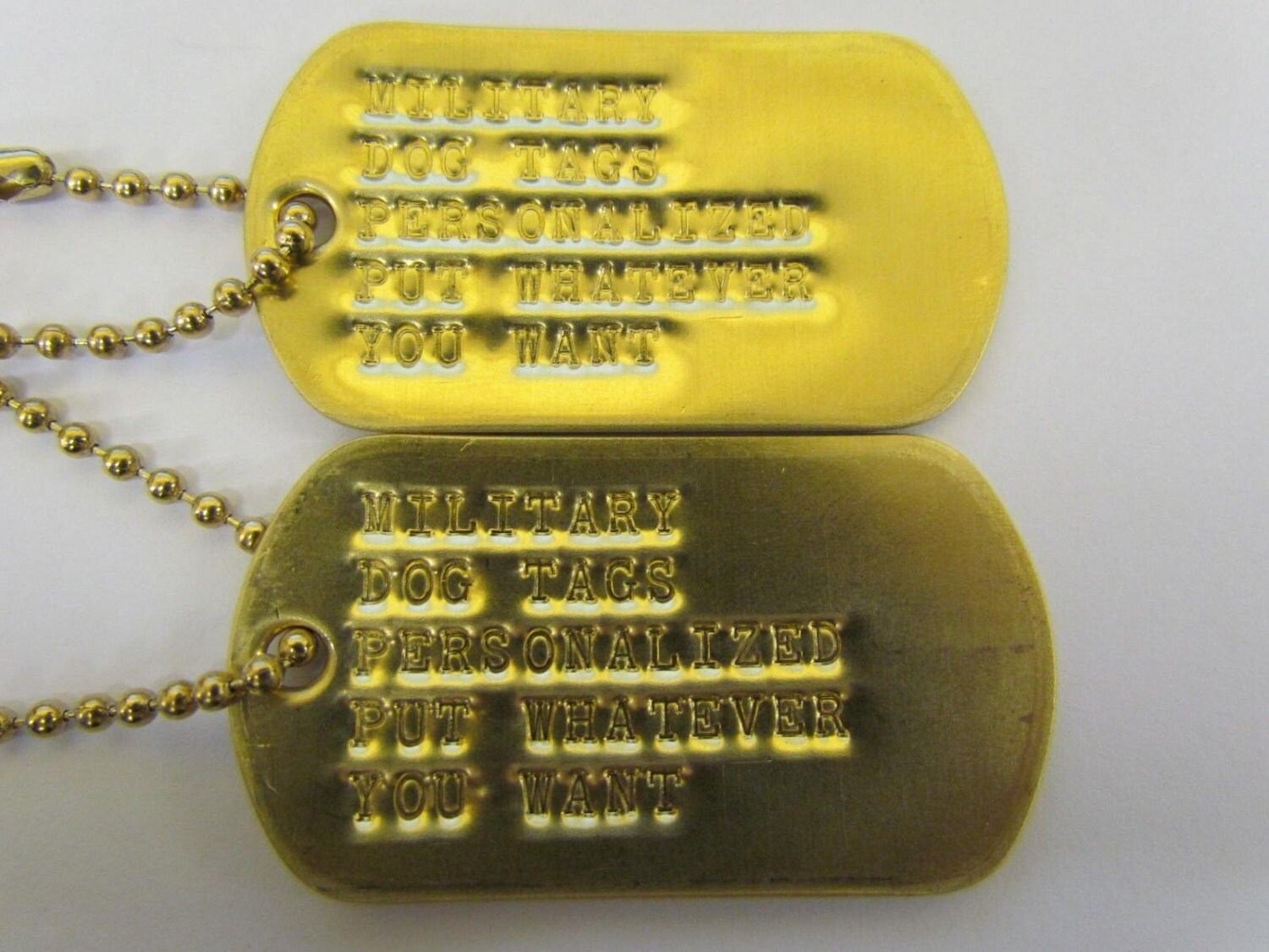 2 Brass Dog Tags w/ Brass Ball Chains and