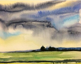 Landscape painting, landscape watercolor, English countryside, stormy clouds, Cloud painting, Field watercolor, field and Sky painting