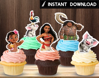 Instant Download - Moana Vaiana Cupcake Topper Baby Moana Pua Maui Heihei Cupcake Toppers Birthday Party Printable DIY - Digital File