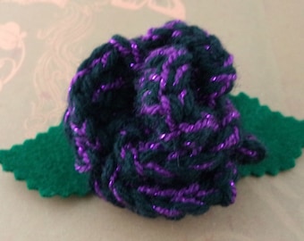 Crocheted Rose Hair Clip - Black and Purple Sparkle (SWG-HC-ZZ10)