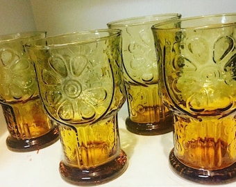Set of Four Vintage Amber-colored Libbey "Country Garden" Daisy Pattern Juice Glasses