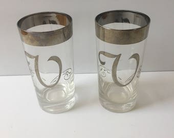 Vintage Queens Lusterware Glasses with Monogram V