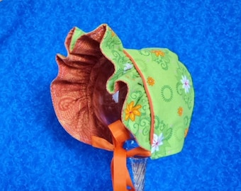 Reversible Baby Bonnet Lime Green and Orange