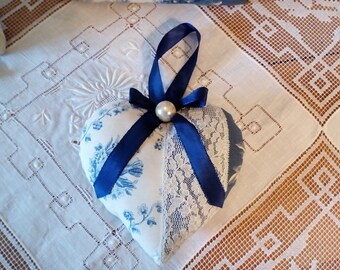 heart on canvas of Jouy and vintage lace fabric, mothers day gift