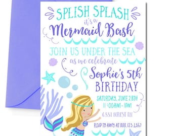 Mermaid Invitation, Mermaid Birthday Party Invitation, Mermaid Party, Mermaid Birthday Invitation, Blonde Mermaid, Purple, Printable