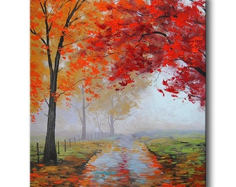 REALISTIC OIL PAINTING fall trees impressionism Misty Road Art Deco