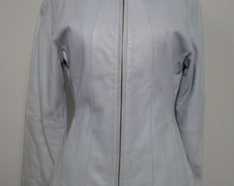 pale blue fitted leather jacket