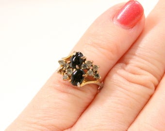 Vintage Onyx Black Smokey Rhinestones Ring Goldtone Costume Jewelry Ring