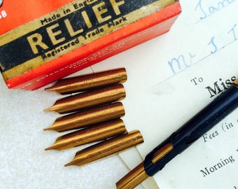 Relief dip pen nibs from R.Esterbrook & Co vintage unused nibs. Set of 6 nibs. Made in England.