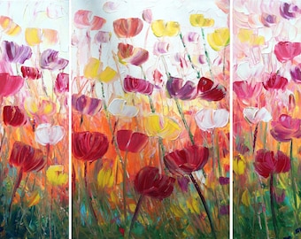 FLOWERS Large Painting TULIPS Original Artwork 48x36 Impasto Textured Canvas by Luiza Vizoli