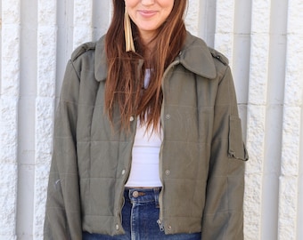 Vintage Army Green Quilted Military Moto Jacket Small