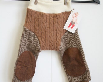 brown longies with knee patches and LOVE embroidery - MEDIUM 6 to 12 months - hybrid longies - diaper cover and pants in one - cuffed