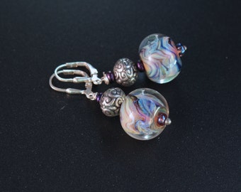 Lampwork earrings /Artisan glass beads and silver earrings / Purple, blue, pink, 'topaz'