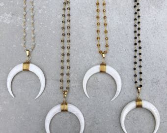Double horn necklace, Crescent necklace, Horn necklace, Gemstone necklace, Long layering necklace, Boho necklace, Wife jewelry gift