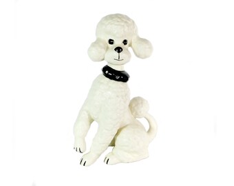 Vintage Ceramic Poodle, White with Black Rhinestone Collar, Retro Poodle Dog, 11"H, Dog Lover Gift