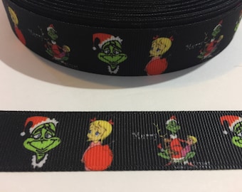 3 Yards of 7/8" Ribbon - Black Grinch Who Stole Christmas with Cindy Lou