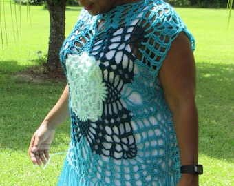 Multicolored Aqua/Teal/Mint Tunic - Women's Tunic - Teen Crochet Tunic - Crochet Cover-up