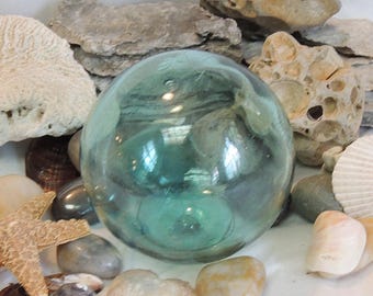 Vintage Japanese GLASS FISHING FLOAT.. Makers Mark & Pale Aqua Blue (#62)