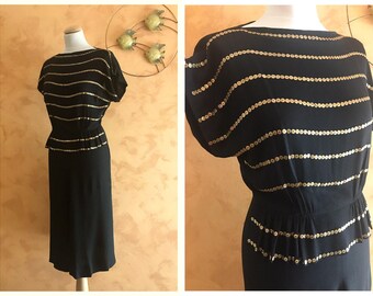 Vintage 1940s Black Crepe Studded Peplum Dress - size S/M