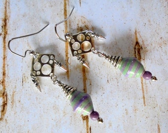 Lavender, Sage Green and Silver Boho Ethnic Earrings (4381)