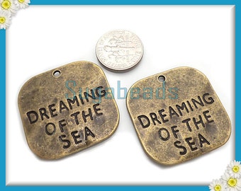 3 Dreaming of the Sea Square Pendants - Larger Antiqued Brass 30mm PB85