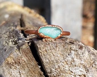 Light Blue Beach Glass and Electroformed Copper Ring Size 9.5