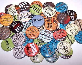 Book Lover Pins (10 Pack), Reading Pinback Buttons, Books Party Favors, 1" or 1.5" or 2.25" Pin Back Buttons or Magnets, Book Club, Read
