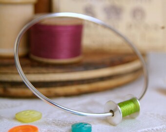 Cotton Reel Silver Bangle, Silver Bobbin Bracelet, Seamstress Gift, Sewing Gift, Handmade Jewelry,2nd Wedding Anniversary Gift, ANY COLOUR