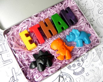Personalised Name Crayons & Dinosaur Crayon Gift Tin | Dinosaur Party | Personalised Gift | Kids Wedding Favour | Unique Gift | Dinosaur fan
