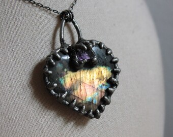 Rainbow Labradorite and Amethyst Dragon Heart Necklace | Labradorite Jewellery | Amethyst | Raw Crystal Necklace | Talisman