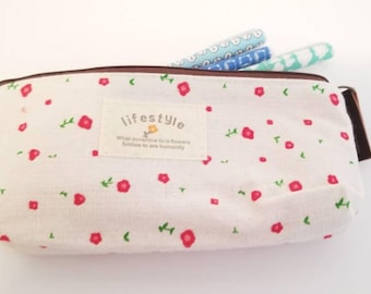 Stationery Red Flowers Pencil or Pen case. Cloth pencil holder. 7x4". School supplies.