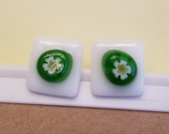 Fused glass stud earrings with green flower