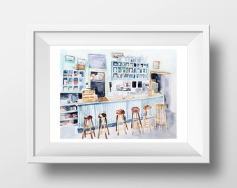Wall Art Watercolor Luke's Diner Interior Print,Gilmore girls,Lorelai and Rory,Tv Show Poster,Luke's Diner,Gilmores,WatercoloCafe,Luke Danes