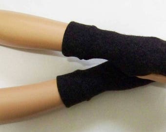 Cashmere, Short, Black-Gray melange, Hippie, Boho, Soft, Warm Fingerless Gloves with Thumb Holes. IDEAL for HER