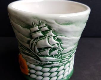 Vintage White with Green Cutty Sark Ceramic Cup with Clipper Ships and Rope Like Detail