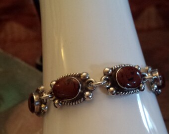 Sterling silver mohagany jasper ornate link bracelet with toggle closure