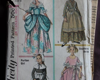 Girls Halloween Costumes Sewing Pattern Colonial/Marie Antoinette, Pioneer, Puritan and Southern Belle Simplicity 6205 Size 8 Breast 26