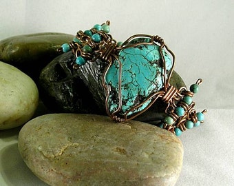 Turquoise Slab Bracelet w/ Spiral Links - Egyptian - Native American
