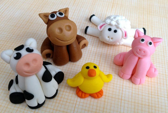 Items Similar To Fondant Farm Animal Cake Toppers Set Of