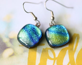 Green Blue Dichroic Fused Glass Earring, Drop Earrings, Dangle Earrings, E0158, GetGlassy