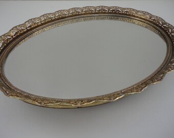 Large gold metal vanity tray mirror, delicate filigree metal work, antique style Dresser mirror, display, large oval perfume tray, bathroom