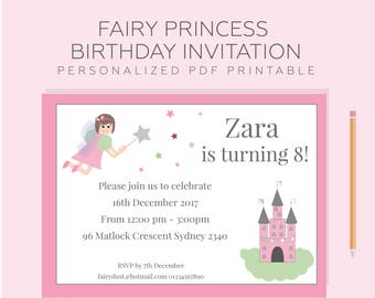 Printable personalized fairy party invitation. Girl's birthday, fairy princess or fairytale party invite