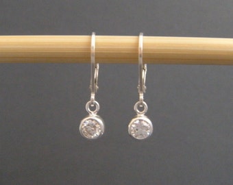 tiny sterling silver dangles CZ cubic zirconia earrings everyday jewelry clear crystals sparkly leverback lever back hook drop 4 mm CZ