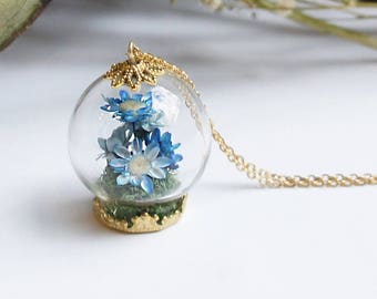 Blue Flower Terrarium Jewelry, Bouquet necklace, Flower Necklace, Dried flower necklace, Flower Jewelry, Romantic Jewelry, Wedding