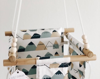 Mountain nursery decor, outdoor swing, baby swing, toddler swing, indoor swing, nursery decor, nursery furniture, fabric swing, baby gift